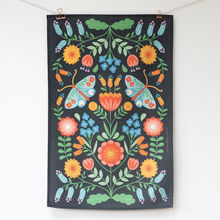 Moth & Floral Tea Towel on Black