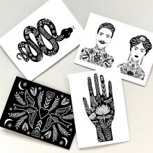 Set of 4 monochrome folk greetings cards